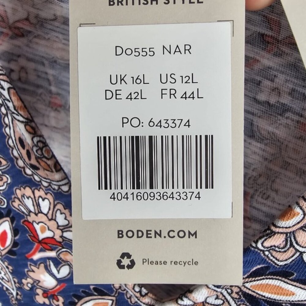 NWT BODEN V Neck Puff Sleeve Paisley Jersey Mini Dress‎ Cotton D0555 Size 12L - Picture 15 of 16